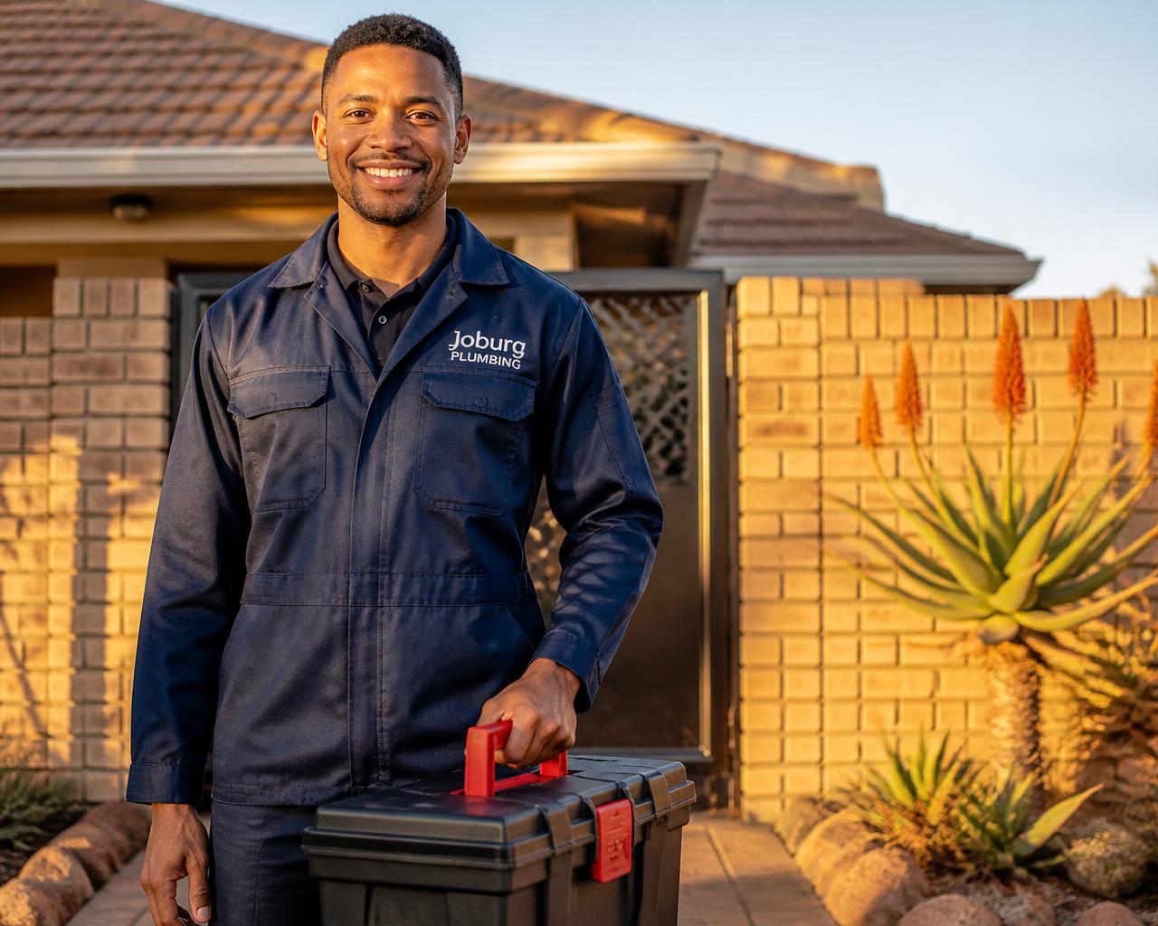 Verified South African plumber with a toolbox outside a suburban home